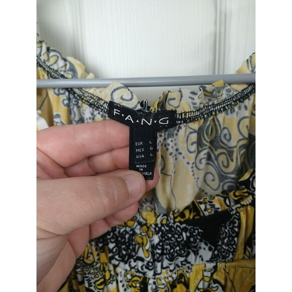 FANG Woman L Tunic Blouse Babydoll Yellow Black S/S Retro Hippie Casual - Picture 2 of 7